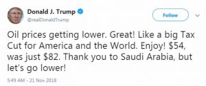 Trump tweets Thanks to Saudi Arabia for oil price drop