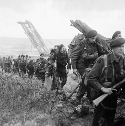 89 Royal Marine Commandos attached to 3rd Infantry Division move inland from Sword Beach, 6 June 1944