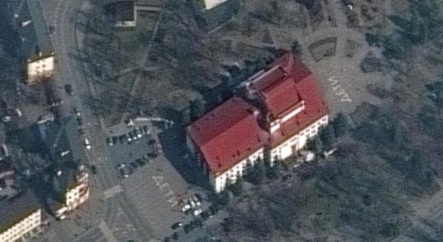 A satellite image shows Mariupol Drama Theatre before bombing