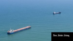 An aerial view shows the Russian freighter Shibek Scholy in front of the Turkish Black Sea port of Karasu.